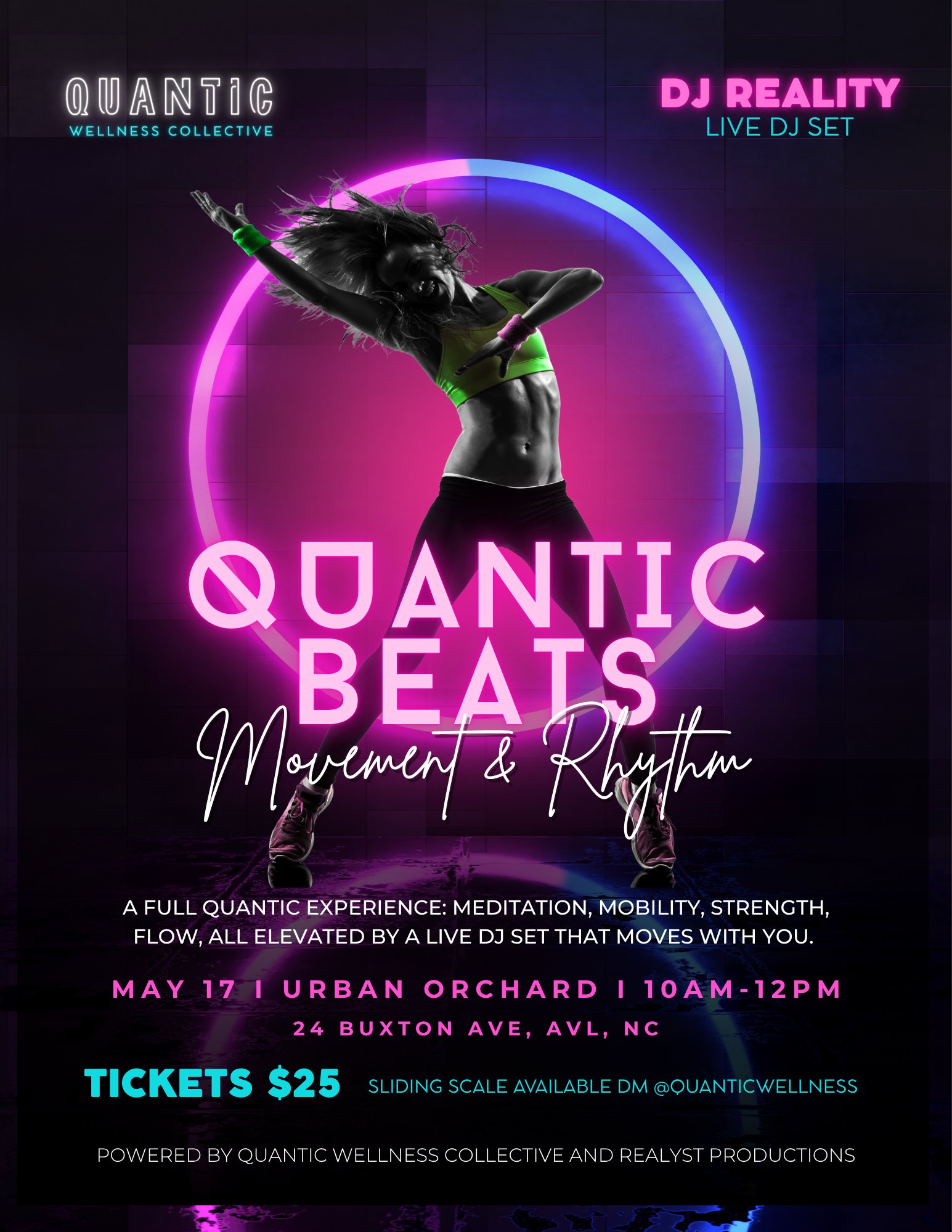 Quantic Beats: Movement and Rhythm flyer with DJ Reality, May 17 at Urban Orchard, Asheville